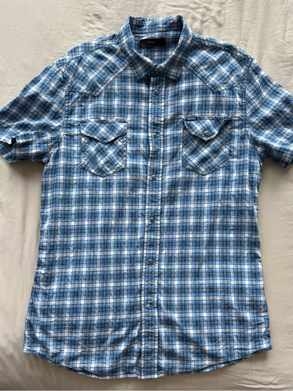 Diesel Blue Plaid Short-Sleeve Button-Down Shirt